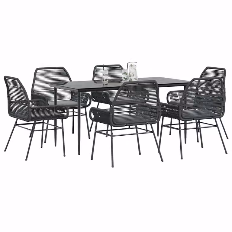 Set da pranzo da giardino vidaXL in polyrattan e vetro nero e grigio con 7 pezzi