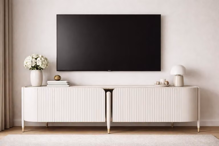 Elegante mobile TV basso bianco, con linee arrotondate e spazio contenitivo