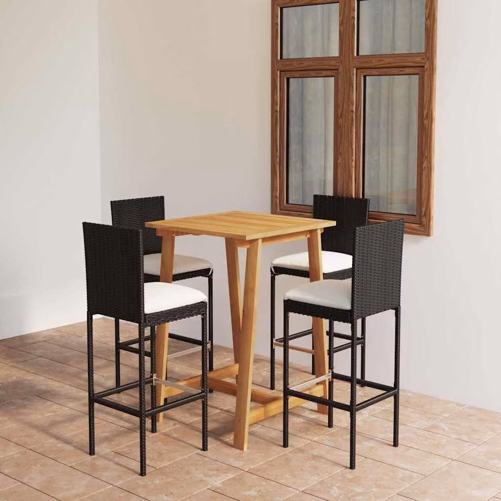 Set da Bar da Giardino vidaXL in Polyrattan e Legno di Acacia con 5 Pezzi e Cuscini Nero – 1