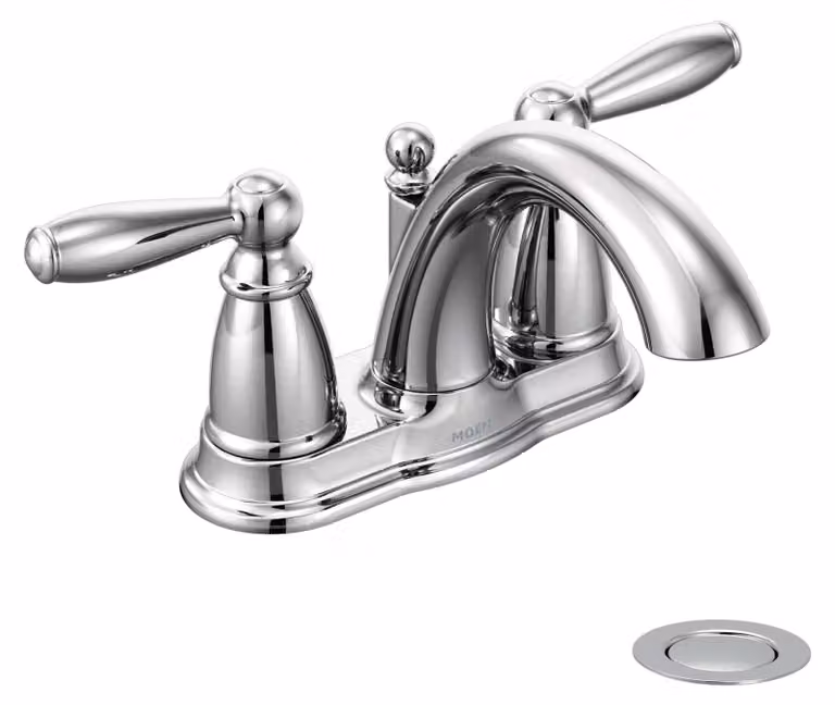 Miscelatore per lavabo, a due manopole, con arco basso, cromato, completo di gruppo di scarico