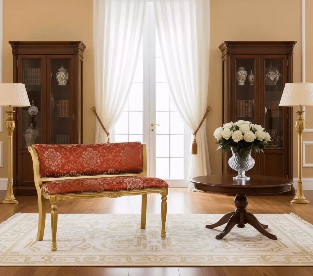 Divanetto imbottito Mobili 2G in legno di faggio intagliato con decorazioni floreali laccato oro e rosso L/P/H: 110 x 60 x 80 cm – 3