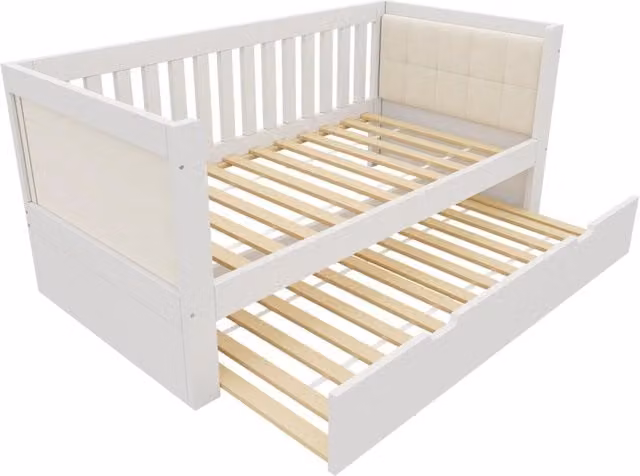 Letto giorno bianco in legno di pino 90x200 cm con letto estraibile 90x190 cm, design salvaspazio senza materasso