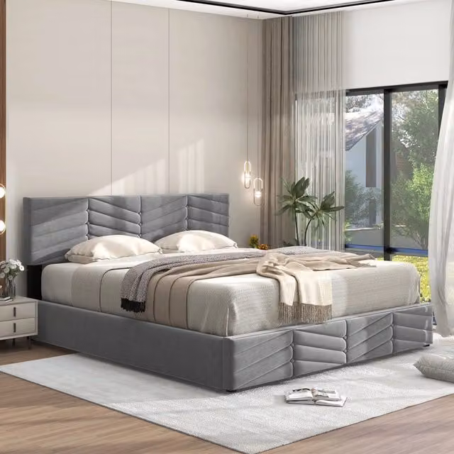 Letto matrimoniale imbottito WISHDOR in velluto grigio con contenitore e rete a doghe, L/P/H: 140 x 200 x 102,5 cm