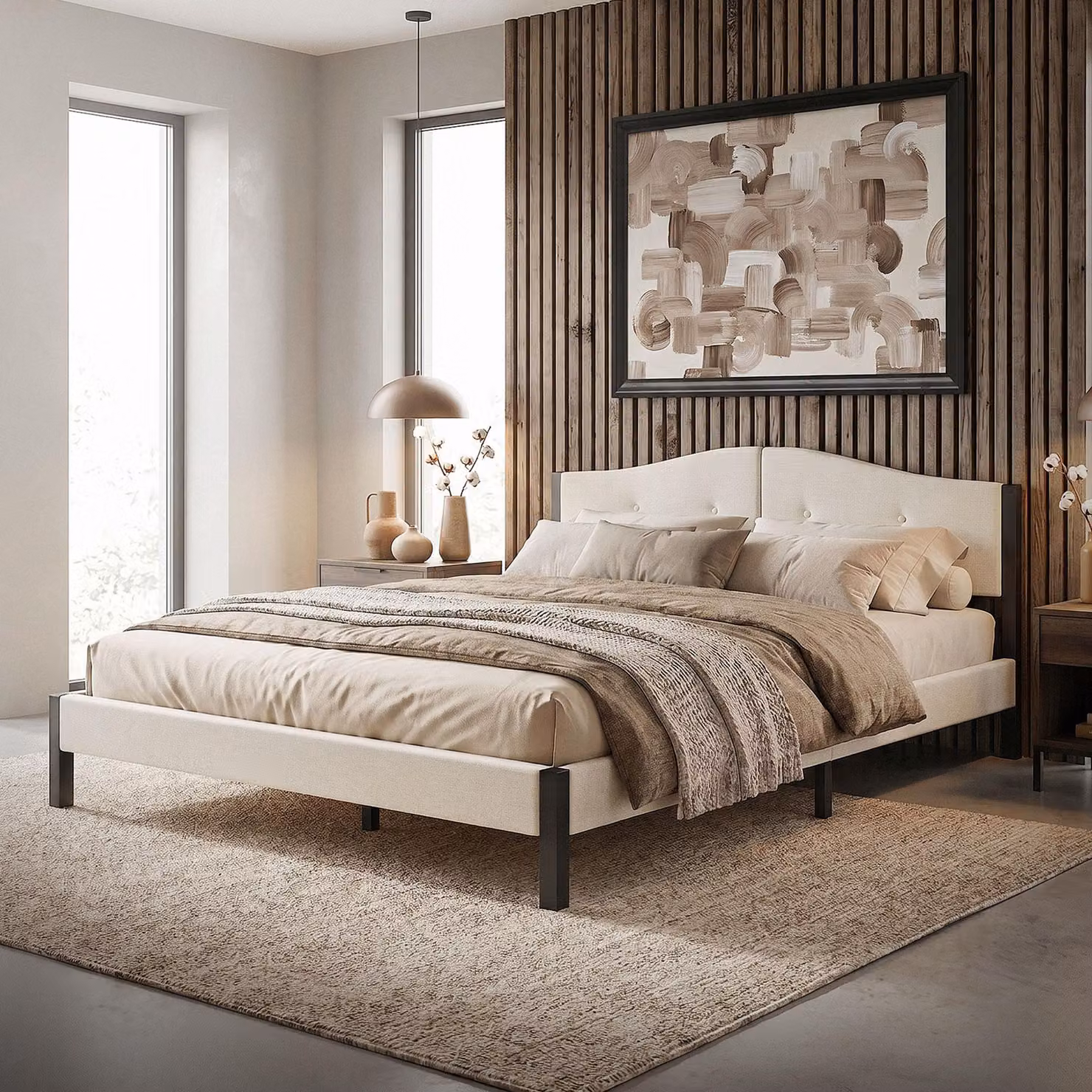 Letto imbottito ML-Design 160x200 cm, beige, letto matrimoniale con solida struttura, testiera, rete a doghe e rivestimento in lino. Letto moderno per ragazzi.