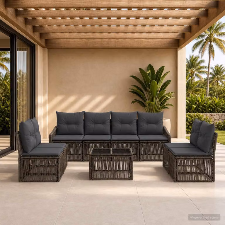 Set Divano da Giardino vidaXL 9 pz Grigio con Cuscini e Tavolino in Polyrattan e Acciaio