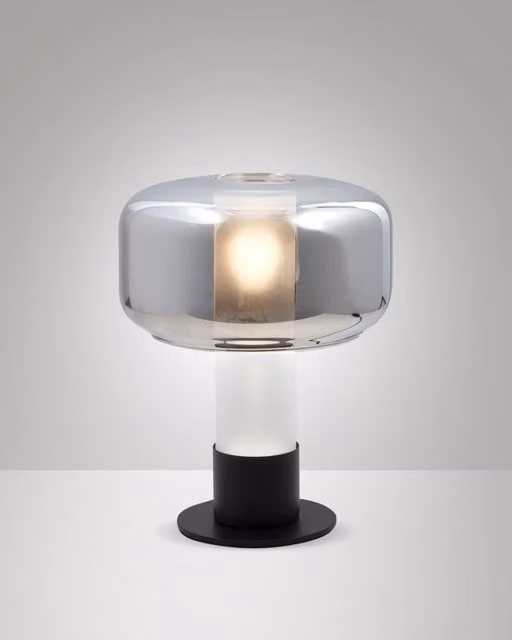 Lampada da Tavolo Flick Fabas in Metallo e Vetro Grigio, Dimmerabile al Tocco, Attacco E14 15W, IP20