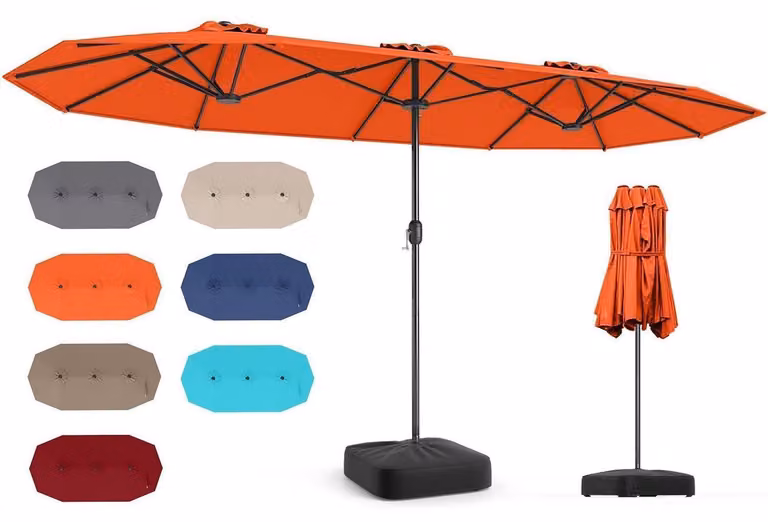Ombrellone doppio, 400 x 200 cm, colore arancione, con struttura e manovella. Protezione solare UPF 50+
