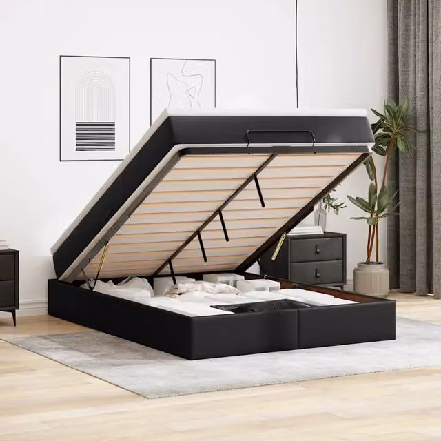 Struttura Letto Pouf con Materasso Nero 140x200 cm Similpelle 3311041