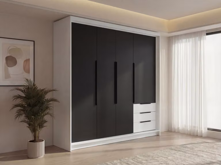 Spazioso armadio a quattro ante KLARI con cassetti e maniglie in metallo – design moderno
