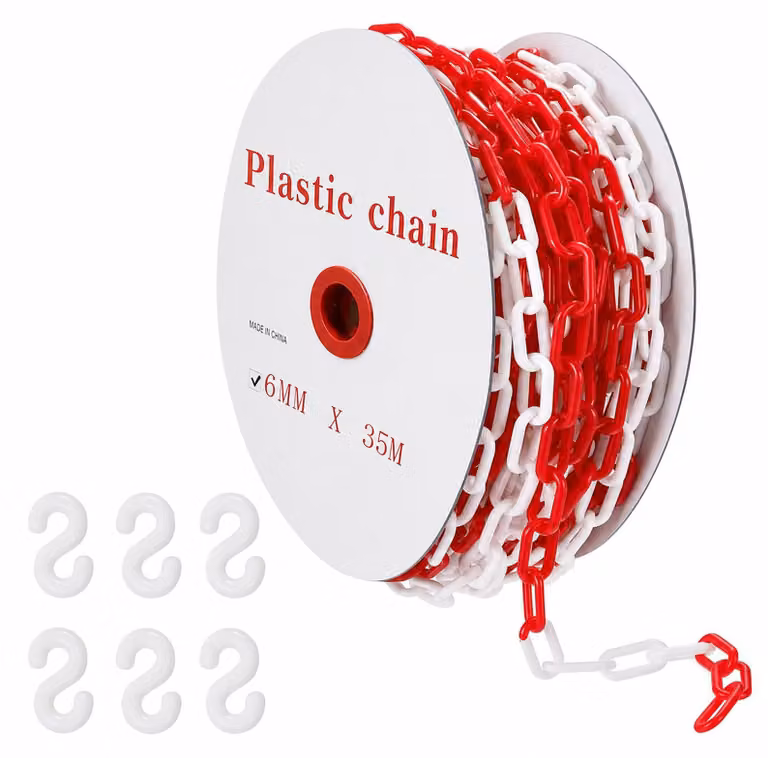 Catena di delimitazione rosso e bianco, in plastica, 6 mm x 35 m, con 6 ganci a forma di S