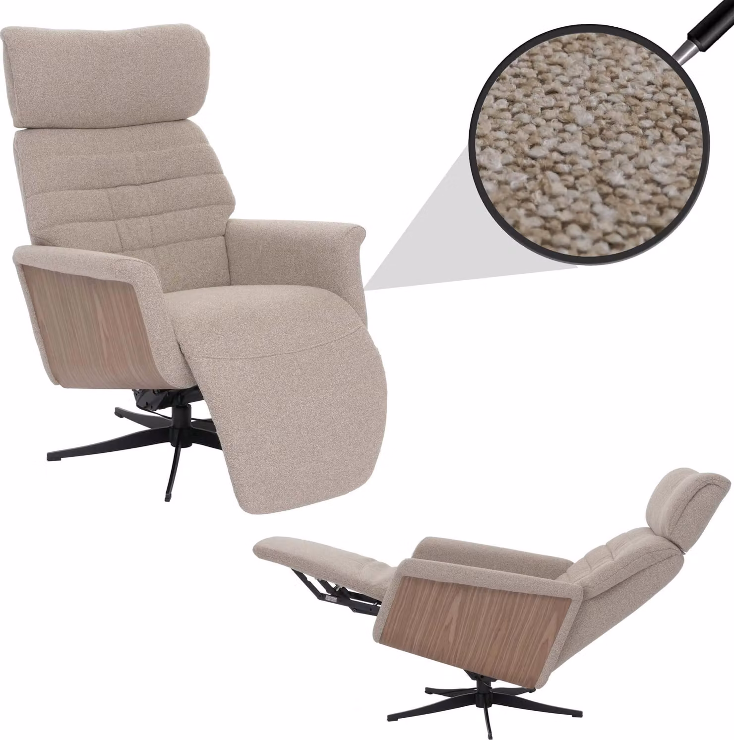 MCA recliner HWC-N56, poltrona reclinabile poggiapiedi girevole tessuto bouclé legno ~ tessuto marrone, legno aspetto noce
