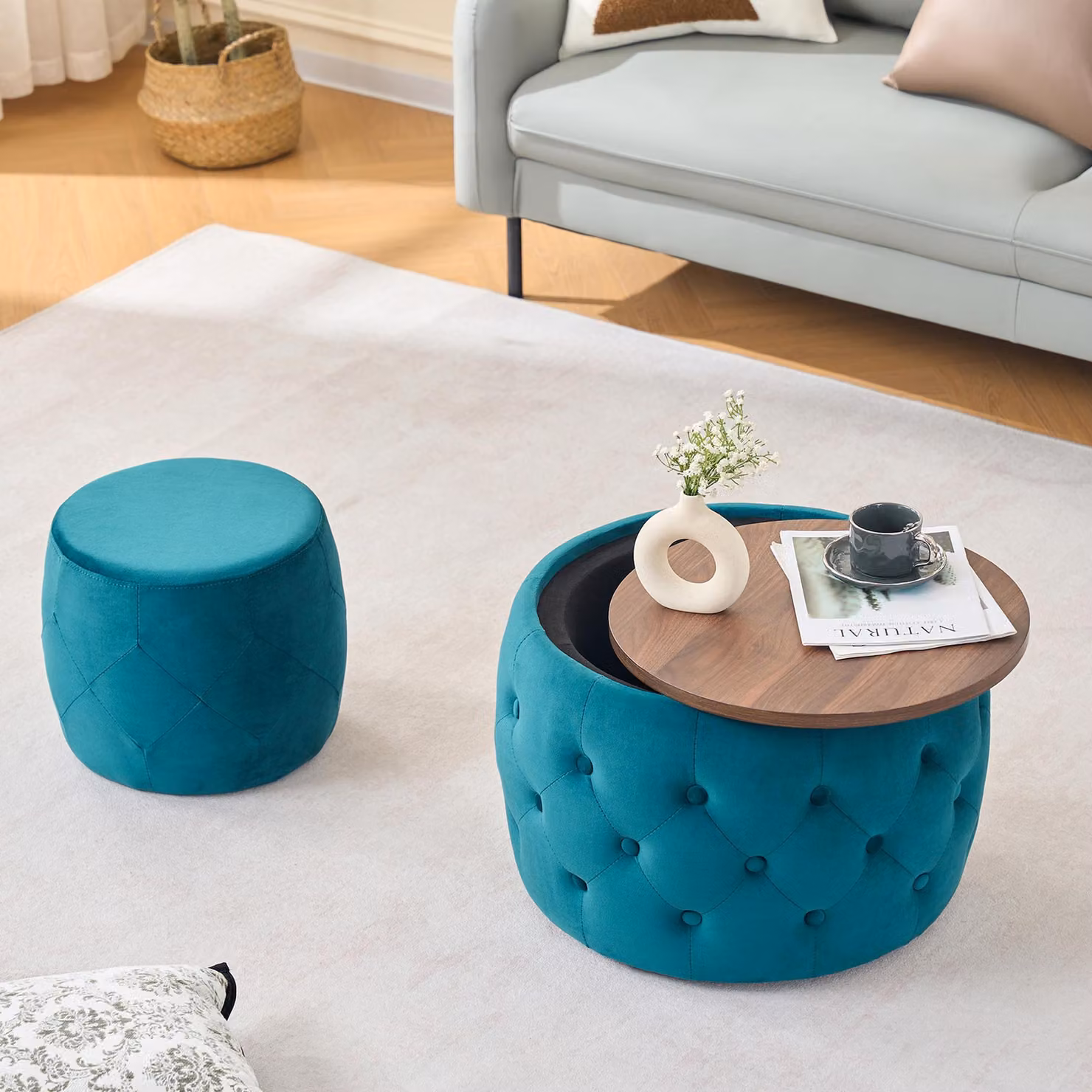 MODFU Set da 2 tavolini da salotto: tavolino da divano e poggiapiedi, nessun montaggio richiesto. Tavolino da salotto con design a incastro, poggiapiedi rotondo con vano portaoggetti e ripiano in legno, blu