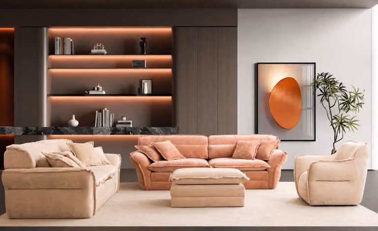 Braun-beiges Sofa-set 3-Sitzer Sofa Sessel Hocker Bequem Weich Modern