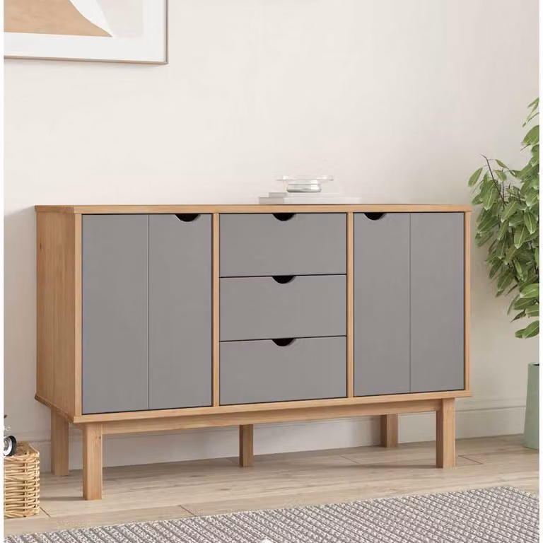 Credenza scandinava vidaXL OTTA in legno di pino cerato, Marrone e Grigio, L: 113,5 cm, P: 43 cm, H: 73 cm