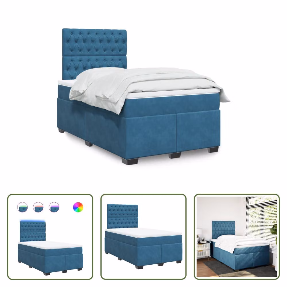 The Living Store Letto a molle con materasso blu 120x190 cm in velluto