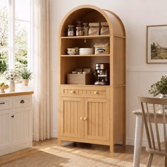 Armadio alto con doppie ante e ripiani portaspezie in MDF e pannello truciolare naturale 76 × 40 × 180 cm