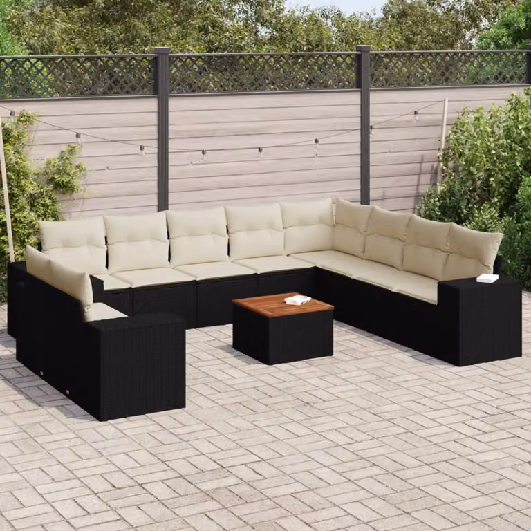 vidaXL Set Divani da Giardino 11 pz in Polyrattan Nero con Cuscini e Tavolino da Esterno a Forma di L