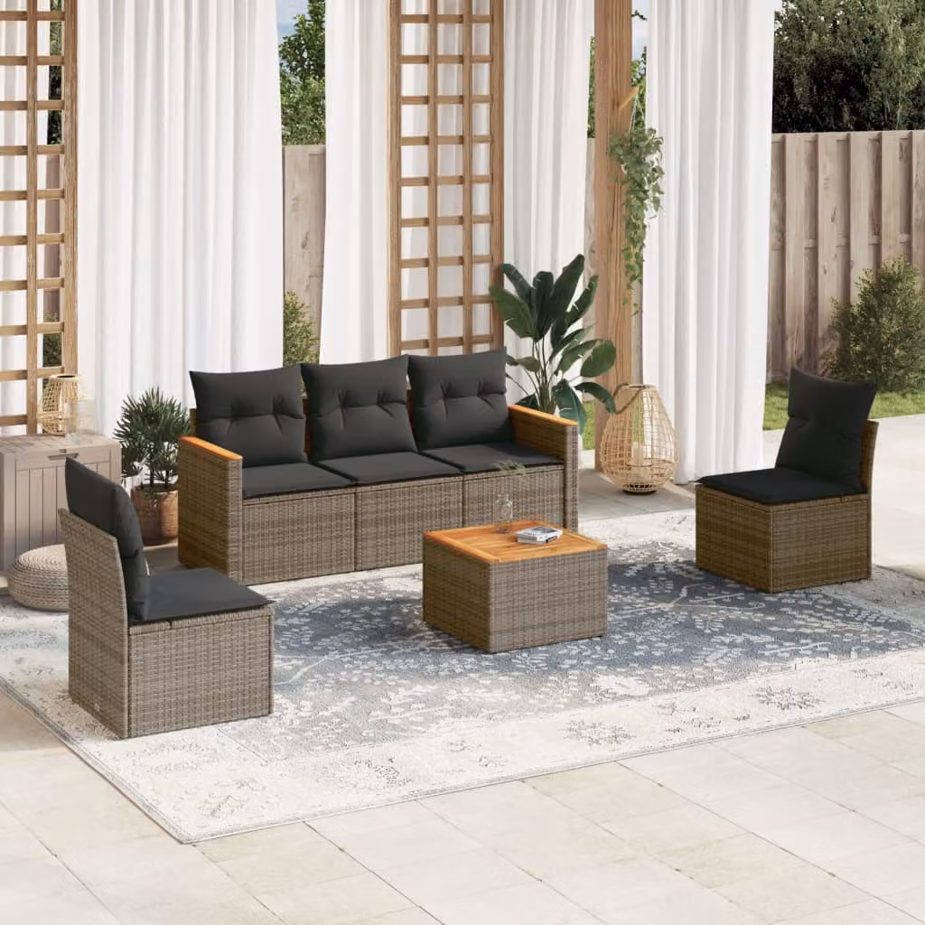 vidaXL Set Divano da Giardino 6 pz in Polyrattan Grigio con Cuscini e Tavolino da Caffè – 1