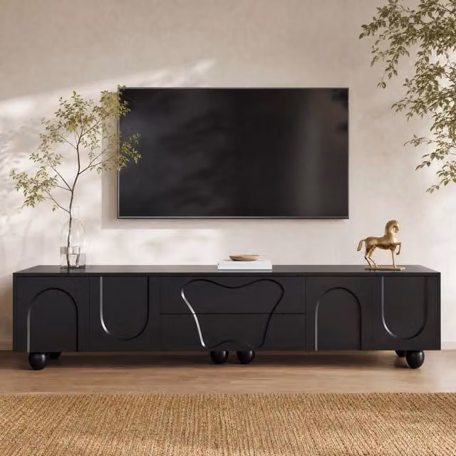 Mobile TV Mivray moderno con ante curve e cassetti in nero opaco e gambe in legno L 180 x P 40 x H 42 cm