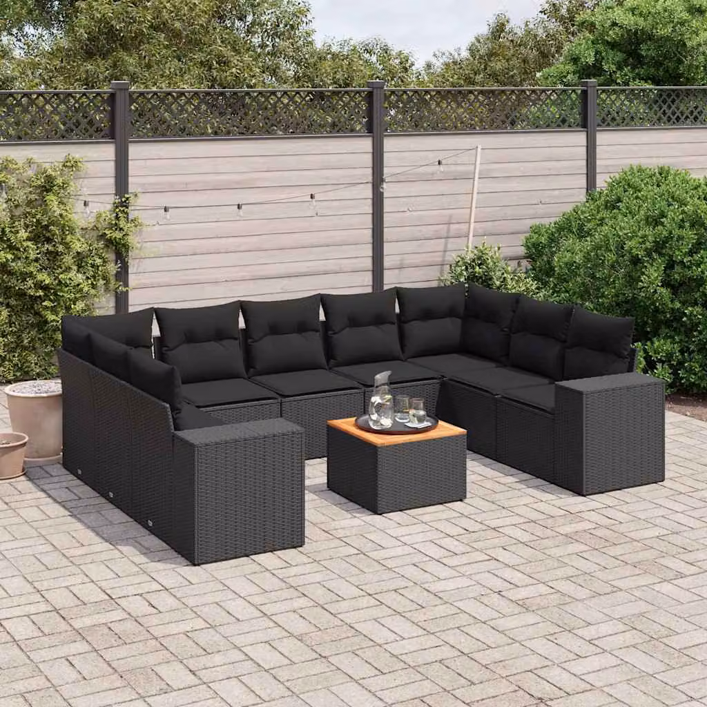 Set di Divani da Giardino vidaXL a Forma di U in Polyrattan Nero con Cuscini e Tavolino da Esterno – 1