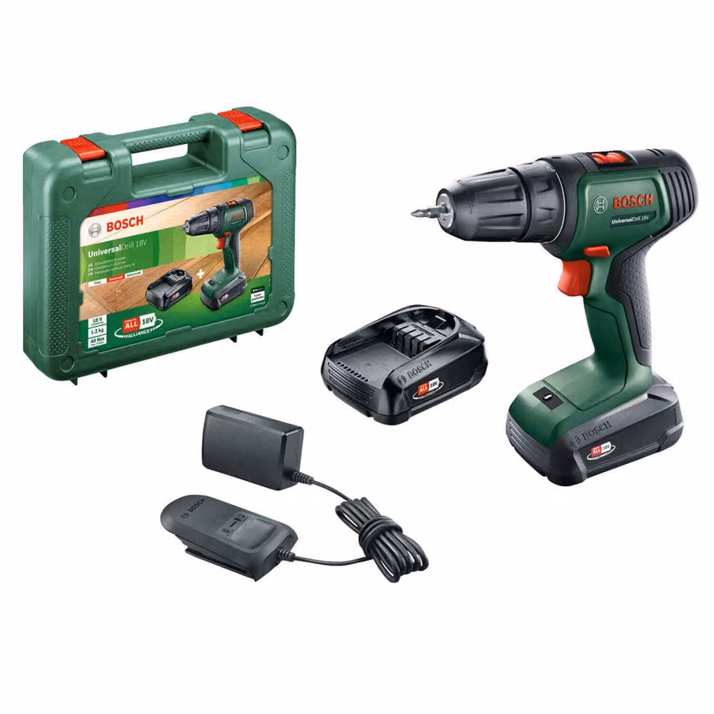 - Trapano avvitatore a batteria Bosch UniversalDrill 18 a due velocità, 2 batterie ricaricabili
