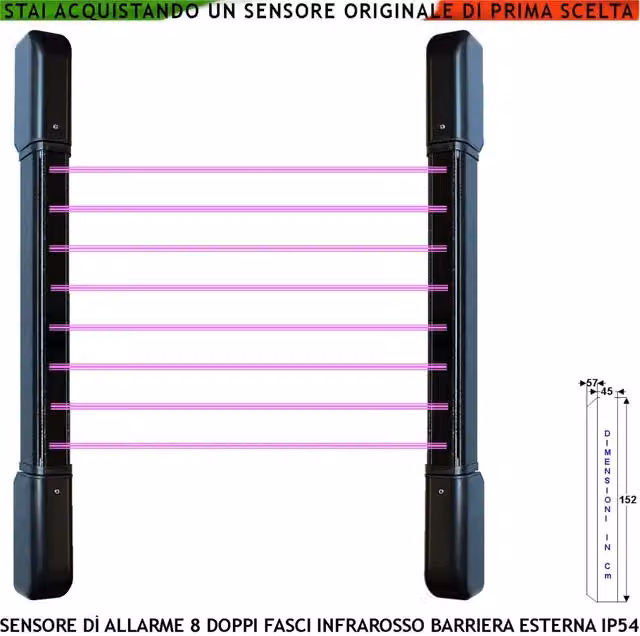 Barriera Infrarossi Multifasci Securvera con 8 Fasci, Portata 100 m Interno e 50 m Esterno, Colore Nero, Altezza: 152 cm
