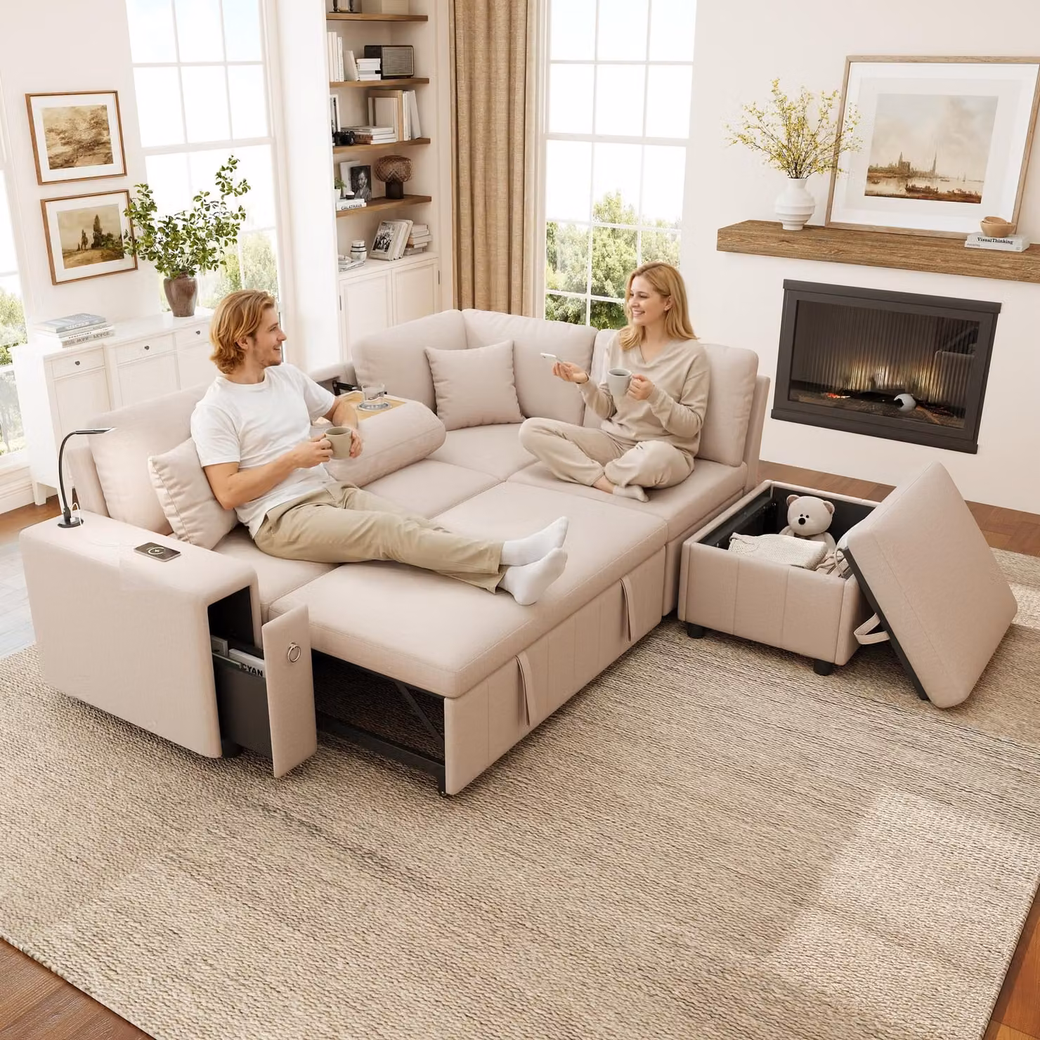 Divano letto a L Merax, divano angolare estraibile con funzione letto, pouf, tavolino ribaltabile, porte USB e Type-C, luce di lettura, beige