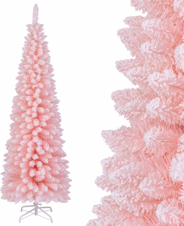 COSTWAY albero di Natale artificiale a matita, abete da 180 cm con neve, 460 rami e supporto in metallo pieghevole, albero di Natale sottile rosa