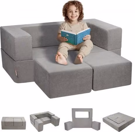 VEVOR Divano Modulare per Bambini 4 Pezzi Componibile in Schiuma con Fodera in Ciniglia Rimovibile, Grigio Scuro