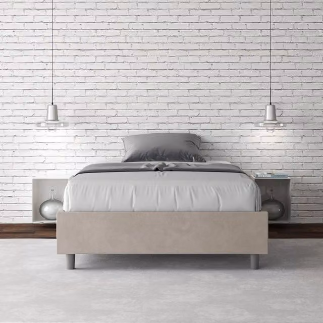 Letto una piazza e mezza con rete imbottito 110x210 microfibra sabbia Azelia