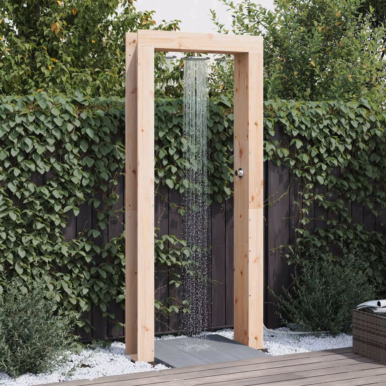 Doccia da esterno vidaXL in legno massello di pino e acciaio inox, marrone, 226 cm