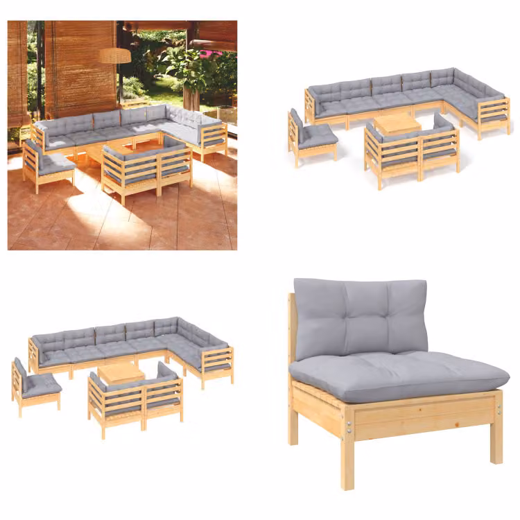 vidaXL set salotto da giardino 11 pezzi con cuscini grigi in pino massiccio - Set salotto da giardino - Set salotto da giardino - Set mobili da giardino - Set mobili da giardino