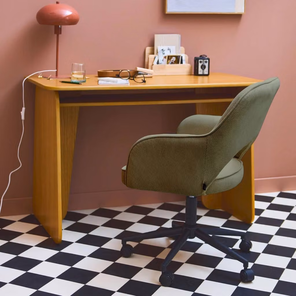 Sedia da ufficio Sweeek in velluto a coste con rotelle, beige e verde – 2