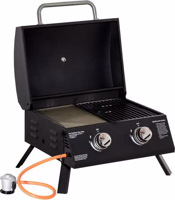 Barbecue a Gas Pieghevole da Tavolo con 2 Bruciatori ¨C Xylo ¨C Acciaio al Carbonio Nero 55x46,5x41 cm