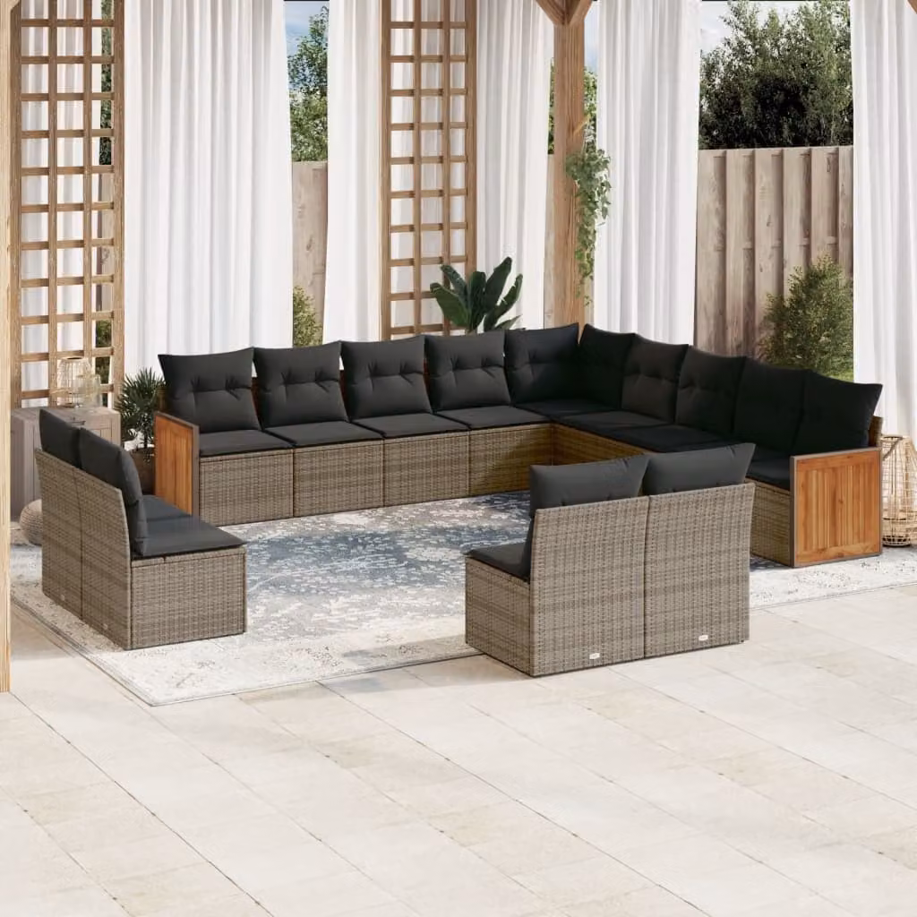 Set di divani da giardino vidaXL a forma di L composto da 13 pezzi in polyrattan e metallo con cuscini grigi e rivestimenti rimovibili – 1