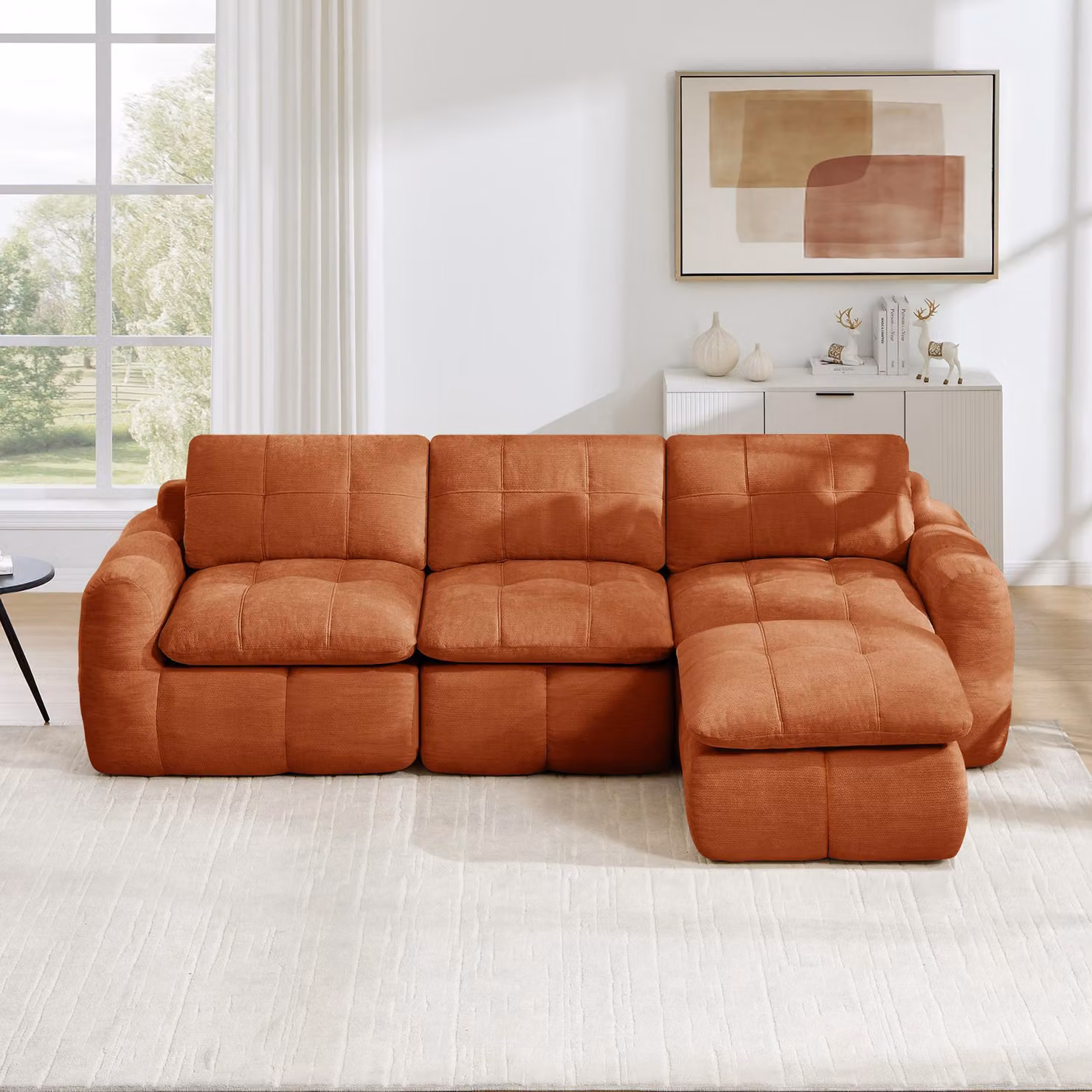 Divano modulare a forma di L, con tre posti, rivestito in chenille, imbottitura in schiuma 32D, con poggiapiedi, facile da assemblare (marrone)