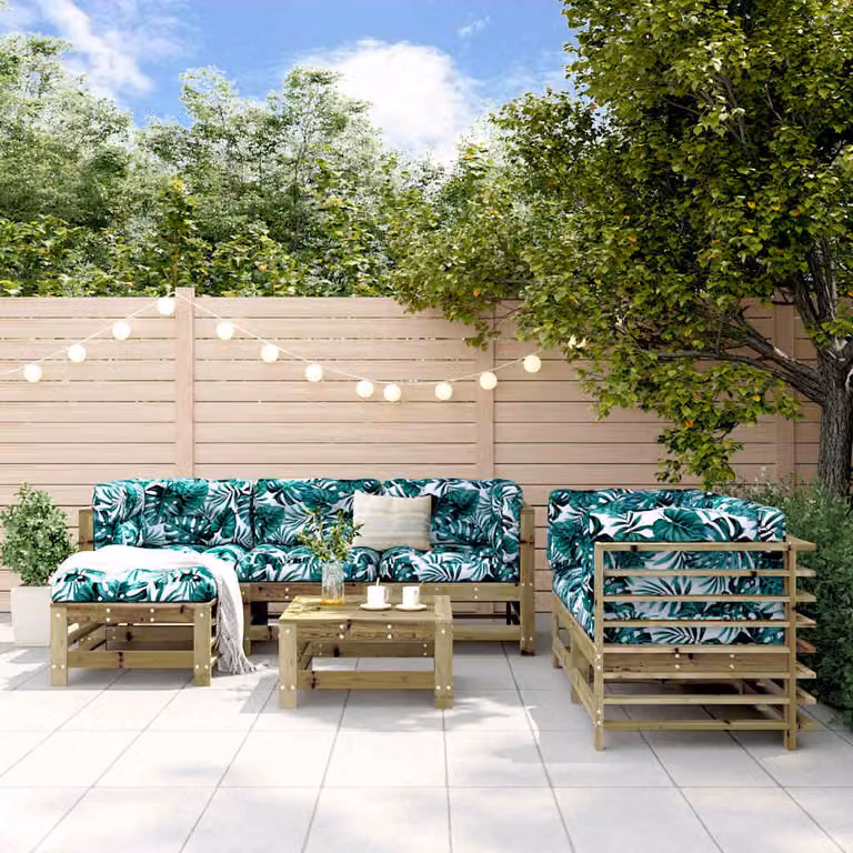Set Salotto da Giardino vidaXL in Legno di Pino con Cuscini Floreali, 7 Pezzi, L-Shape, Marrone e Verde