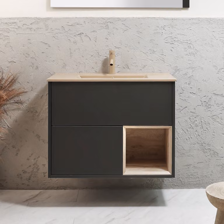Mobile Bagno Sospeso con Ripiano Aperto in Grigio Nero da 812mm con Lavabo Beige (Sand) e Luci LED - Hoxton