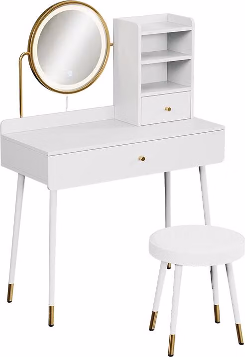 Tavolo da toeletta Vicco Mirela Bianco 90 cm con specchio LED e sgabello, Model 56651