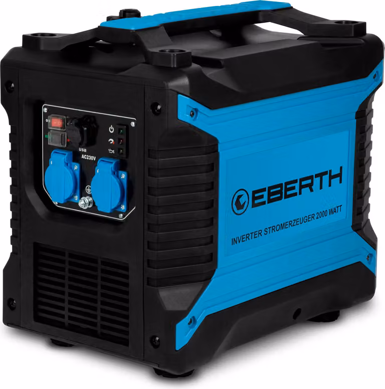 Generatore di corrente inverter EBERTH 2000 watt, silenzioso, generatore di corrente d'emergenza con motore a benzina da 3 CV, 4 tempi, generatore di corrente con 2x 230V e 2x connessione USB