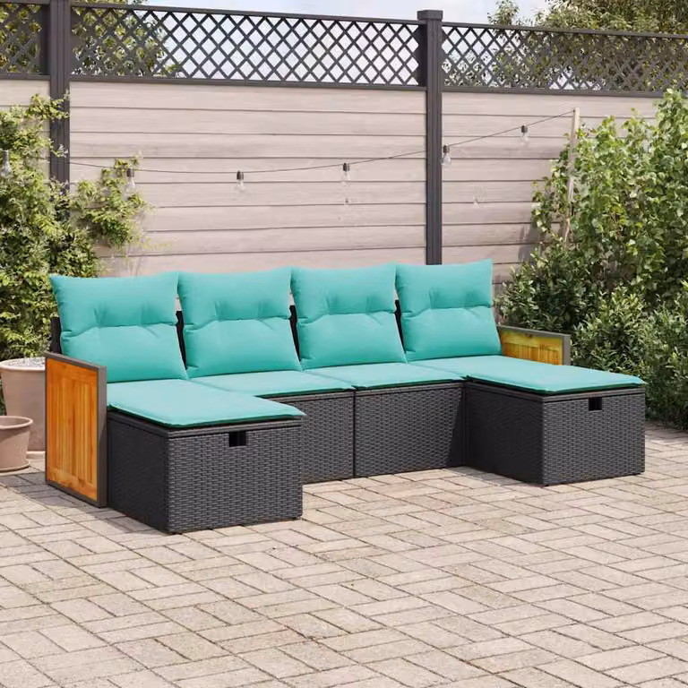 Set Divano da Giardino a L vidaXL in Polyrattan con Cuscini, Nero e Blu
