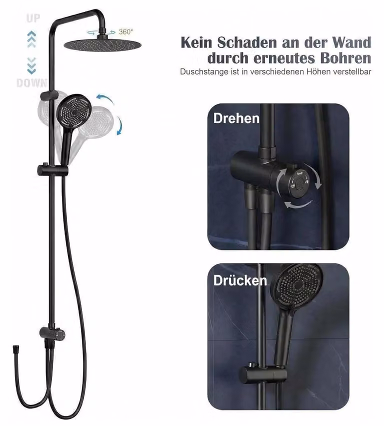 Sistema doccia - Set doccia a pioggia - Soffione rotondo da 25 cm - Colonna doccia regolabile in altezza - Tre tipi di getto - Doccetta - Acciaio inossidabile 304 - Nero
