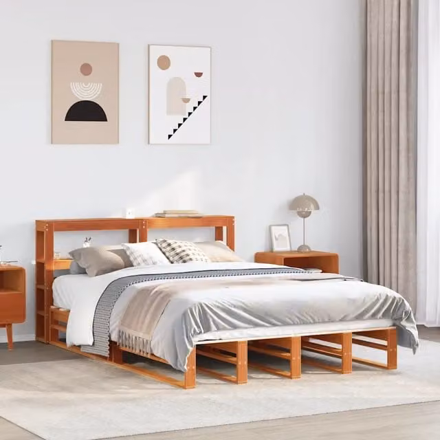 Giroletto con Testiera-Struttura Letto con testiera Marrone Cera 150x200 cm Massello Pino 170314