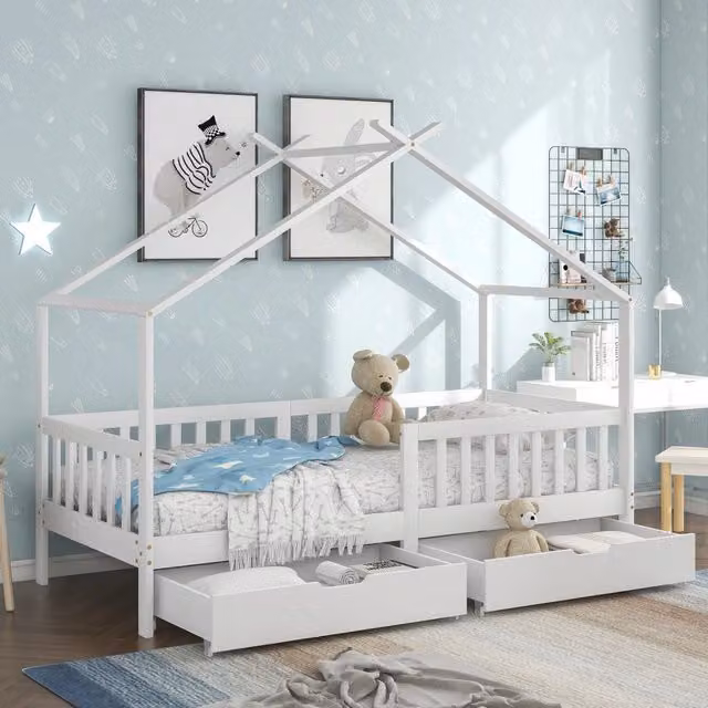 Letto a casetta singolo 200 × 90 cm con 2 cassetti e barriera, senza materasso, legno massiccio bianco