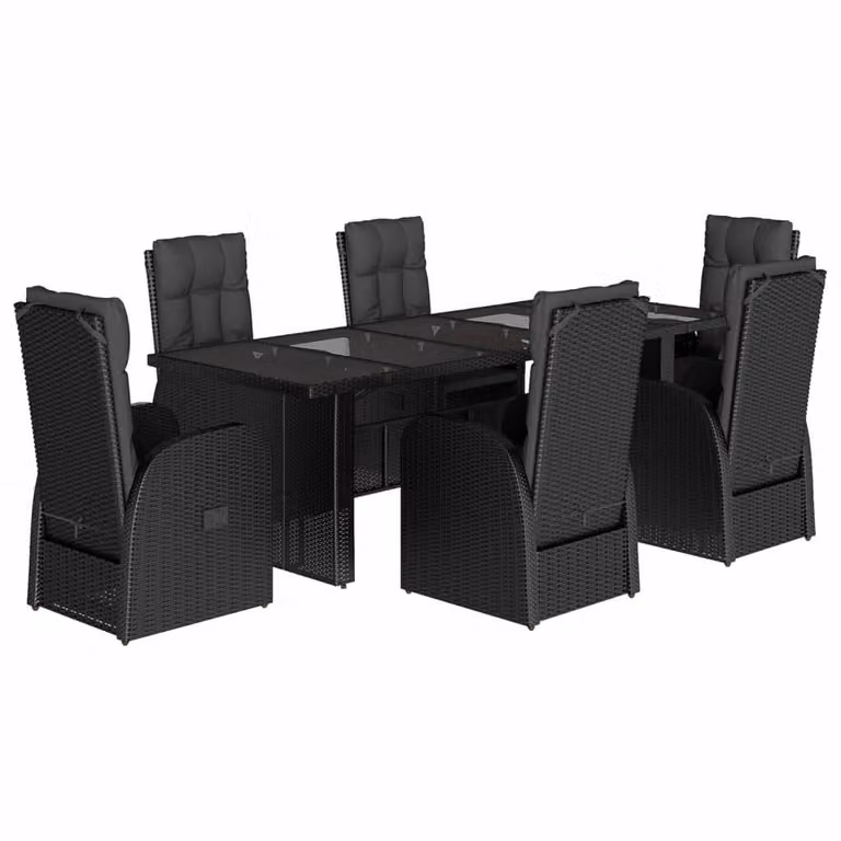 Set da Pranzo da Giardino 7 pz Nero con Cuscini in Polyrattan