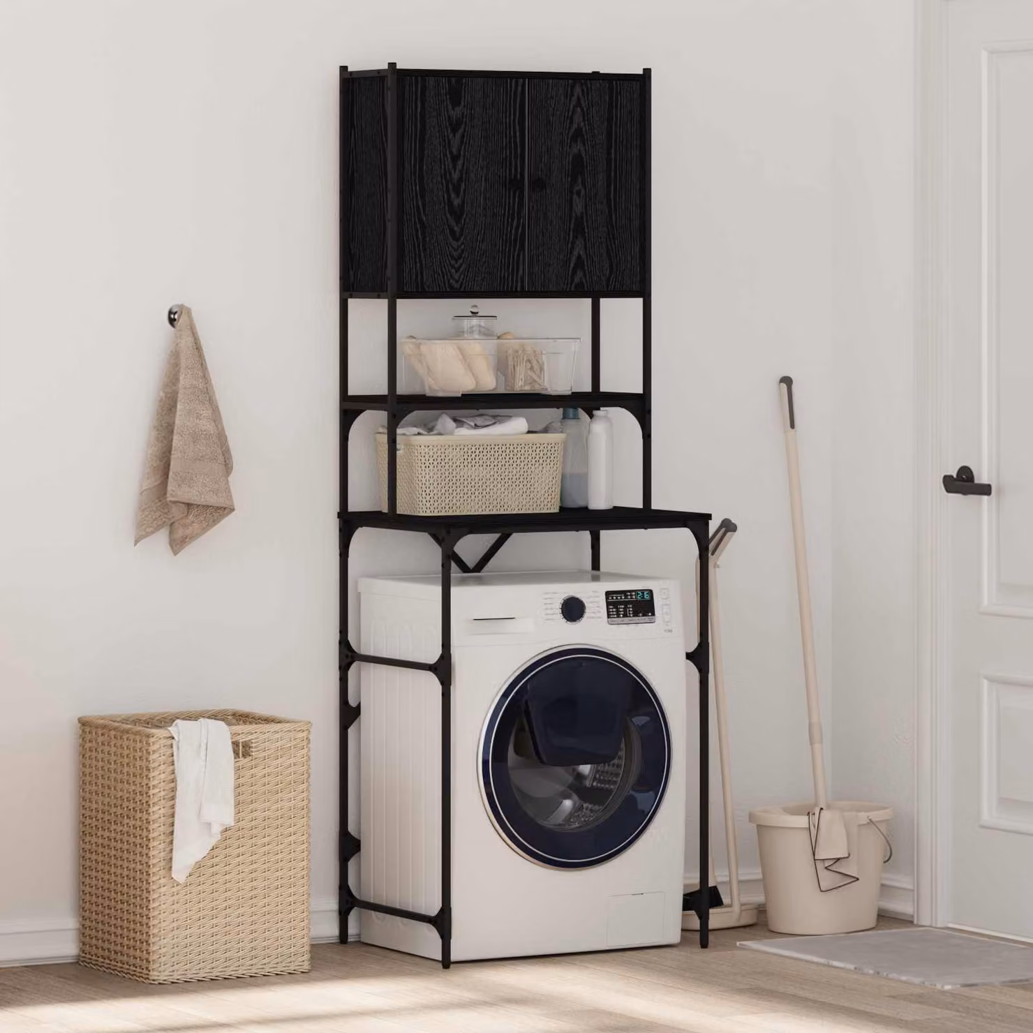 Armadio per lavatrice vidaXL in MDF moderno, Rovere e Nero, L: 68 cm, P: 48,5 cm, H: 194 cm