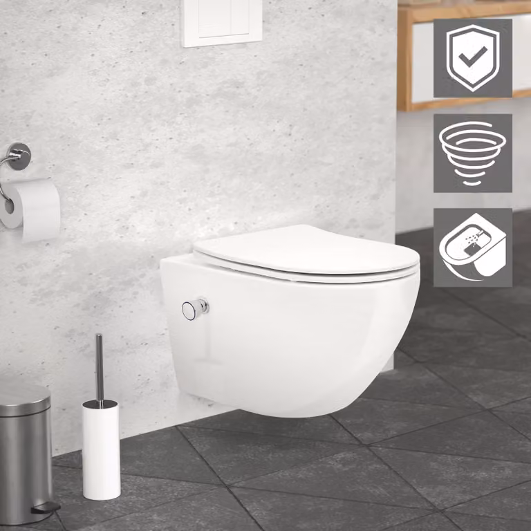 LuxeBath WC sospeso senza bordo con funzione bidet, bianco, lungo, a filo tornado, con rivestimento nano