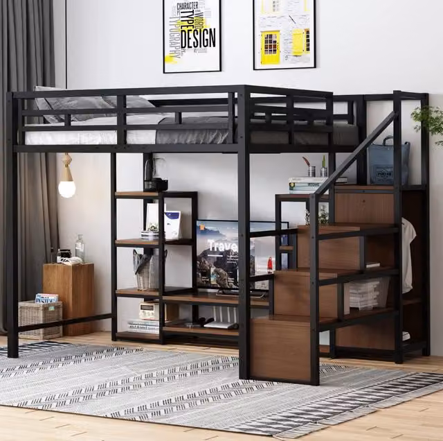 Letto a soppalco ULEVR 140x200 cm con supporto TV, presa elettrica e scala di sicurezza, metallo e MDF nero
