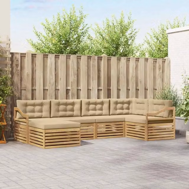 Set di divani da esterno a L con ottoman vidaXL, colore bianco e beige, in legno di acacia e tessuto, 6 pezzi