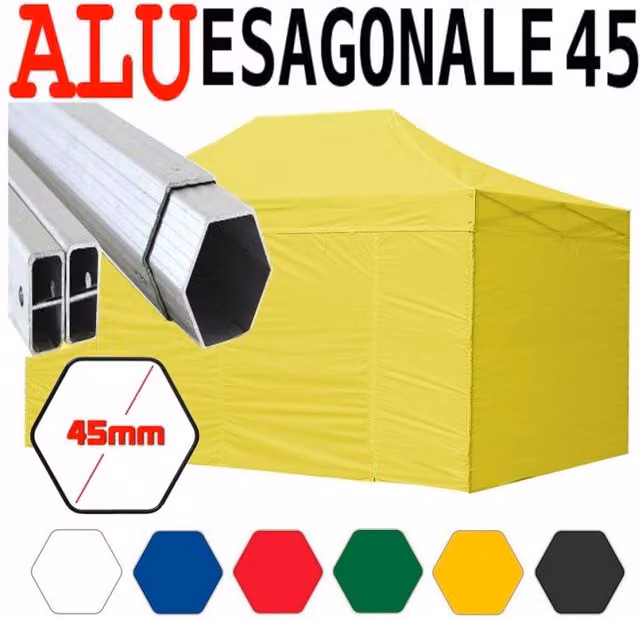 Gazebo 3x4,5 m giallo pieghevole alluminio piantone esagonale 45mm portatile estendibile richiudibile estensibile acciaio con laterali per fiere eventi stand chiosco tenda tendone mercato mercatino